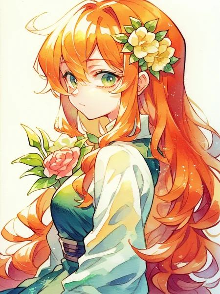 score_9, score_8_up, score_7_up, score_6_up, score_5_up, <lora:ohr_cnXLP:1> ohr_cn, solo, traditional media, watercolor (medium), 1girl, long hair, ginger hair, flower