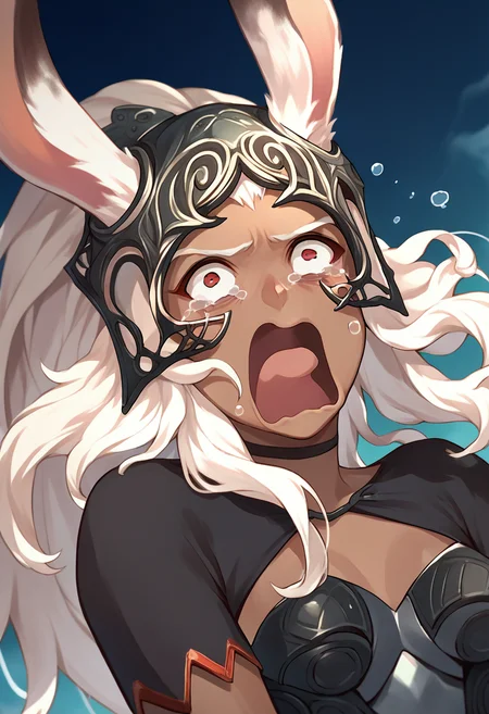 score_9, score_8_up, score_7_up, source_anime, solo, 1girl, ff12fran, aquascreaming, screaming, open mouth, crying with eyes open, viera, rabbit ears, dark skin, white hair, long hair, helmet, revealing clothes, armor <lora:concept_aquascreaming_ponyXL:1> <lora:ff12fran-pdxl-nvwls-v1:1>