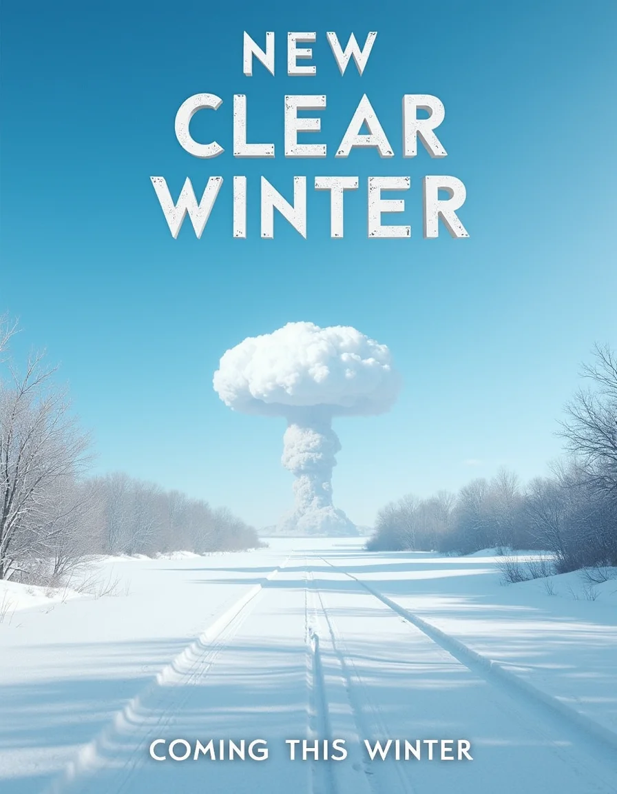A realistic photo movie poster titled "New Clear Winter". The poster shows a clear day in a snowy winter landscape. A mushroom cloud is seen in the distance. Text at the bottom says "Coming This Winter"