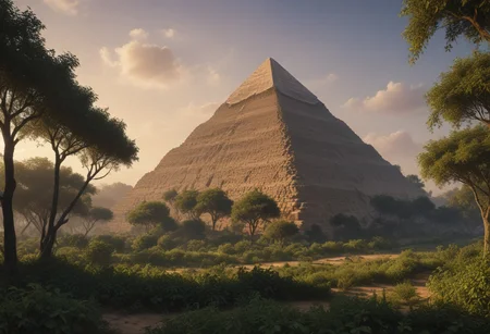A photorealistic render of the The Great Pyramid of Giza, covered in overgrown vines, low-light, evening.