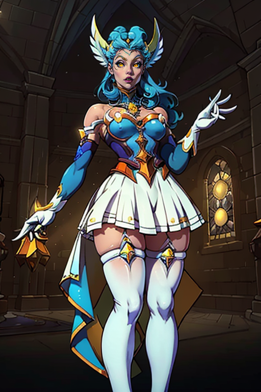 masterpiece,best quality,extreme detail,8k,image sharpness,<lora:lilith-10:0.8>,lilith2,1girl,solo,long hair,breasts,bangs,skirt,thighhighs,gloves,dress,bare shoulders,medium breasts,blue hair,yellow eyes,elbow gloves,indoors,white gloves,high heels,white thighhighs,zettai ryouiki,star guardian (league of legends),