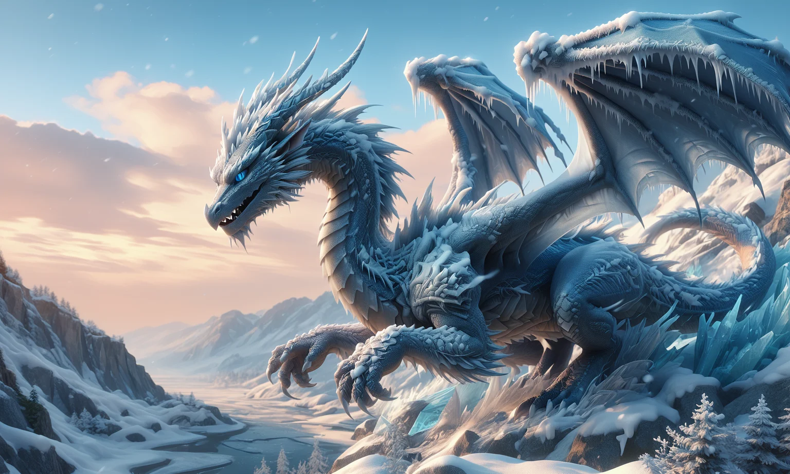 (rating_safe:1.2), score_9, score_8_up, score_7_up, fr0stwrld, snow, ice <lora:Fr0stWrld4:0.8> BREAK
dragon, blue scales, blue eyes, detailed scales, horns, wings, flying, sky, wind