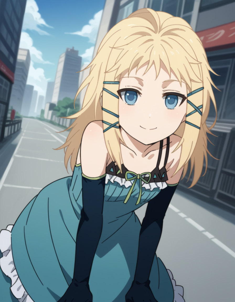 score_9, score_8_up, score_7_up, source_anime,
tinasprout, <lora:tina-sprout-s1-ponyxl-lora-nochekaiser:1>,
tina sprout, long hair, blonde hair, hair ornament, blue eyes,
gloves, dress, bare shoulders, frills, black gloves, elbow gloves, blue dress, frilled dress,
cityscape, street, smile, bent over,
looking at viewer, cowboy shot, solo, dutch angle