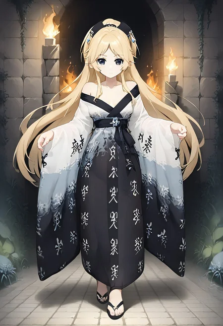 core_9, score_8_up, score_7_up,
BREAK source_anime, best quality, masterpiece, rating_safe, uncensored, High quality, 8k, Ultra detailed, insanely detailed, beautiful, prefect lighting, 1girl,
BREAK yukariadv, very long hair, blonde,
hanfu01,off shoulder,
BREAK (Cave, firewood, fire, water droplets, stone bed, rough floor,Cobblestone wall),