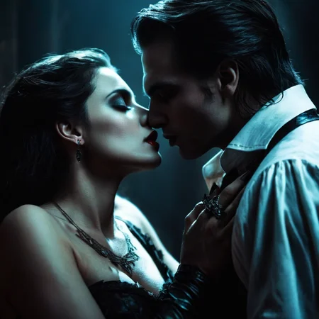 Dark Fantasy Art of  <lora:cinematic vampire film style:1>
a man and a woman perfectly kissing in a dark room cinematic vampire film style, dark, moody, dark fantasy style