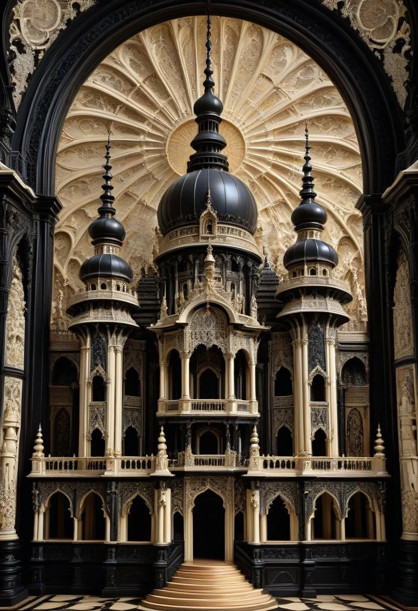 a grand palace carved entirely from ebony and ivory, intricate scrimshaw style, highly detailed architecture, ornate engravings, black and white contrast, majestic towers and domes, baroque and gothic fusion, carved textures in bone and wood, surreal and elegant atmosphere, symmetrical design, dramatic lighting, fantasy setting, hyper-detailed, sdxl style