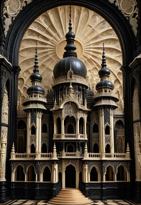 a grand palace carved entirely from ebony and ivory, intricate scrimshaw style, highly detailed architecture, ornate engravings, black and white contrast, majestic towers and domes, baroque and gothic fusion, carved textures in bone and wood, surreal and elegant atmosphere, symmetrical design, dramatic lighting, fantasy setting, hyper-detailed, sdxl style