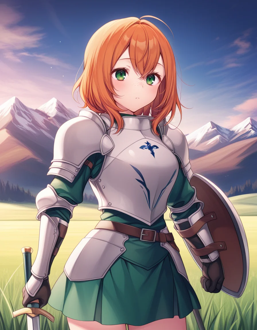 (k0m3sh1r0),   <lora:1_illu_komeshiro_kasu_9e:1>, 1girl, armor, sword and shield, skirt, freckles, orange hair, medium hair, green eyes, field, mountains, (masterpiece, best quality, amazing quality),