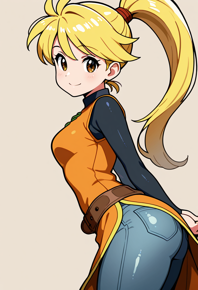 masterpiece, best quality, solo, curvy, beautiful eyes, narrow waist, wide hips, 1girl, solo, smile, looking at viewer, dynamic angle, foreshortening, close up,    zzYellow, brown eyes, blonde hair, long hair, ponytail, bangs,  orange tunic, brown belt, pants,  , <lora:YellowPokemon_NAI:1.0>, side view, ass, leaning forward, cowboy shot, smile, looking at viewer, shiny skin,