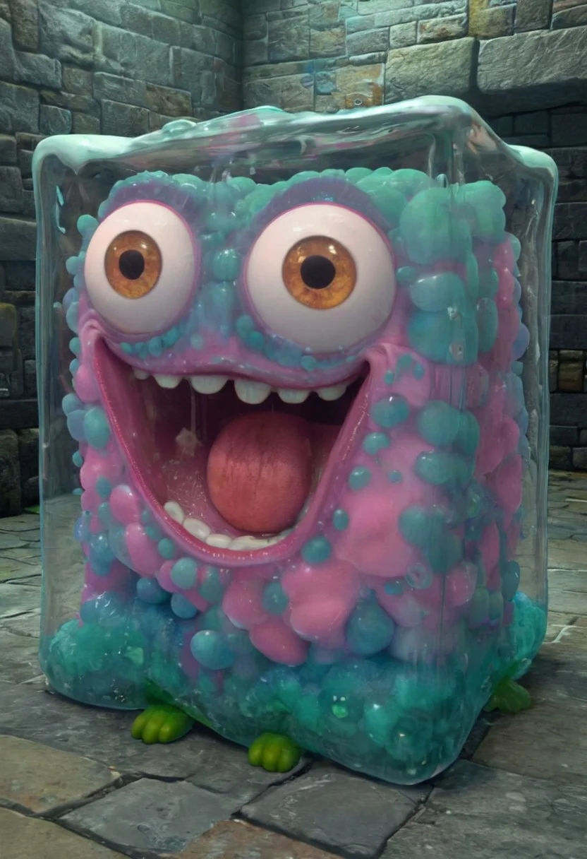 the enormous cute gelatine ooze cube with the surprised eyes in the dungeons, dim light, pixar art, detailed, intricate details, 8k, best quality, hdr, masterpiece