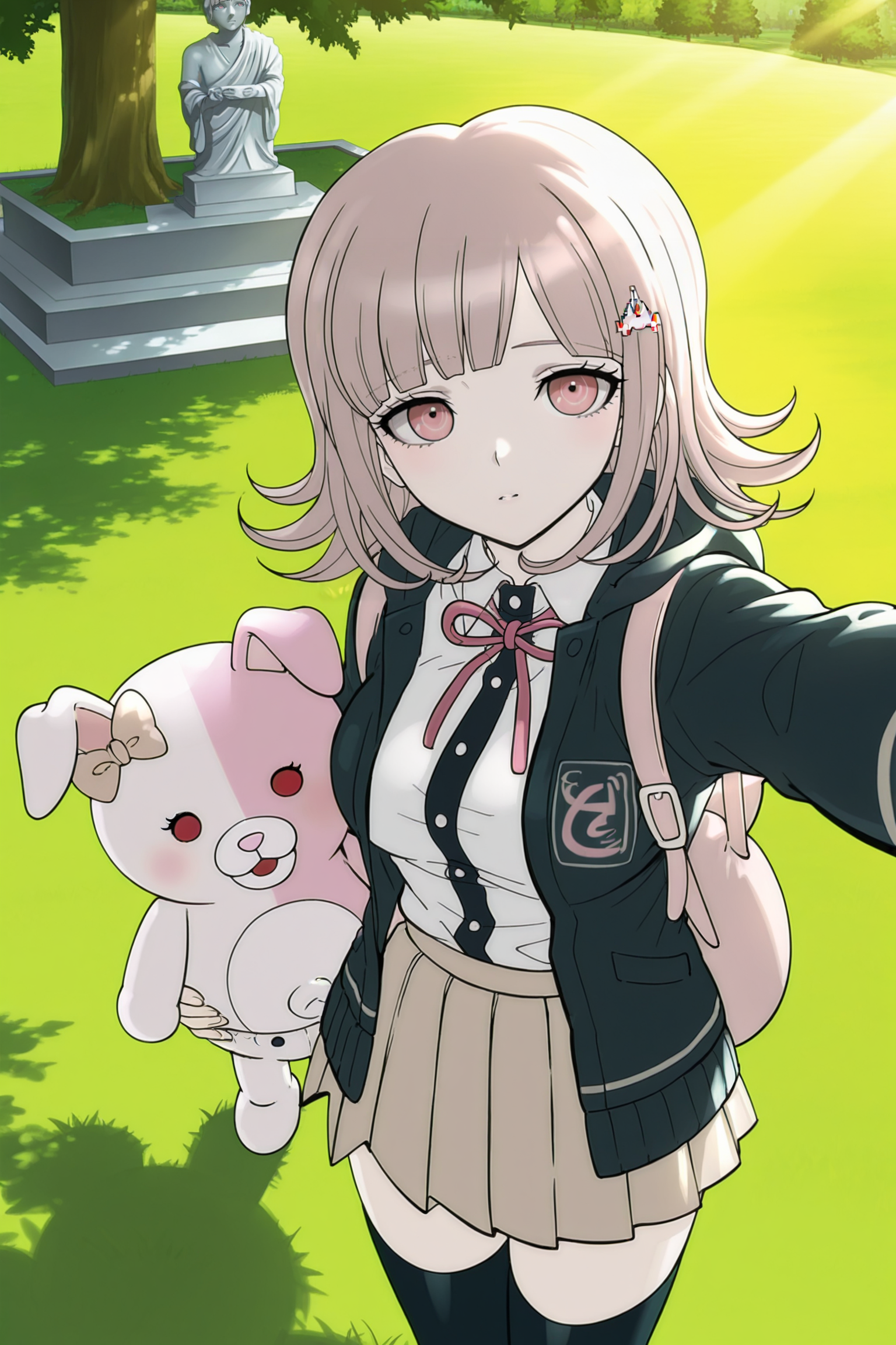 anime screencap, masterpiece, best quality, amazing quality, very aesthetic, absurdres,  newest, (scenery, volumetric lighting),
nanami chiaki, flipped hair, medium hair, light brown hair, pink eyes, bangs, 
hairclip, neck ribbon, pink ribbon, black hoodie, open hoodie, hood down, backpack, pink bag, collared shirt, white shirt, two-tone shirt, long sleeves, shirt tucked in, pleated skirt, brown skirt, miniskirt, zettai ryouiki, black thighhighs, 
cowboy shot, monomi, holding teddy bear, stuffed toy, stuffed animal,  selfie,  outdoors, grass, tree, statue,  outstretched arm, from above, 
 <lora:Chiaki_IL:0.8>