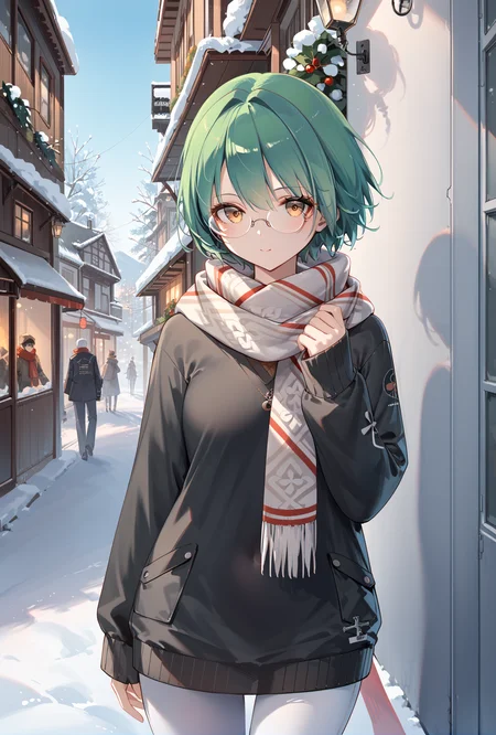 score_9, score_8_up, score_7_up,
middle eastern architecture, street,
admiral nakhimov (azur lane), 1girl, green hair,yellow eyes,
sweater,snow,scarf,semi-rimless eyewear, <lora:NakhimovXLPony:0.9>