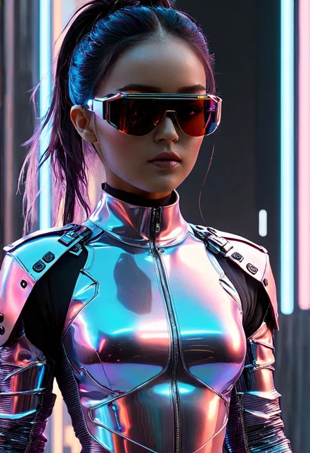 score_9, score_8_up, score_7_up, raw,32K, UHDR, (ultra-quality:1.6),1girl, in Cyberpunk style, revealing and exposing clothes, cinematic, wearing lit fiber optics, oxigen-support-gadgets, strong parallel lines and nodes, extremely detailed cute face,
Tech-infused, advanced materials bound technology and design. stimuli reactive to color-changing , psicho texture-shifting. ,integrate neon lights for visual flair. sleek, angular shapes with sharp lines, including bodysuits and structured jackets. High-tech accessories are integral futuristic AR glasses, neural interfaces and cybernetic jewelry. cargo pants, utility belts, and harnesses for gadgets. Bold colors dominate, with vibrant neons and electric obsidian:0.9 or pink:0.6 contrasting against deep agate:0.9 or pure-snow-white:0.9. Dystopian influences inspire distressed fabrics, industrial hardware, and asymmetrical designs, reflecting the chaotic cyberpunk ethos. glowing boots