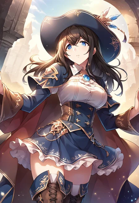 score_9, score_8_up, score_7_up, source_anime,
sgswfmk, long hair, brown hair, black hair, bangs, hair between eyes, blue eyes, large breasts, wide hip,
hat, cowboy western, thighhighs, boots, 1girl, jewelry
