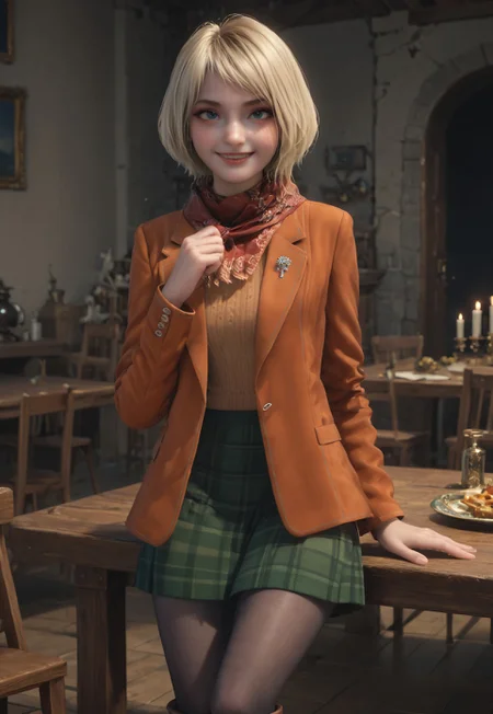 safe_pos, score_9, score_8_up, score_7_up,high quality, (masterpiece, best quality, ultra-detailed,2k ,disney pixar style,AshleyRE4, 1girl, solo, blonde hair, blue eyes, red scarf, orange jacket, sweater, green plaid skirt, pantyhose, brown knee boots, smile,seducing viewer, sensual pose, castle room background, sit in a table, pixar style