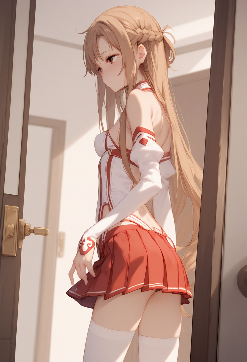 score_9, score_8_up, score_7_up, score_6_up,
<lora:Expressive_H:1.0>
1girl, <lora:SDXL_LORA_CHARACTER_YUUKI ASUNA_V1A:1>, yuuki asuna, brown eyes, brown hair, long hair, bangs, braid,skinny, slender body, tiny, medium breasts, 
red pleated skirt, white detached sleeves, bare shoulders, white thighhighs, 
girl entering the room,
indoors, bedroom, door, open door,
(nose blush:1.1), (head tilt:1.2),
hollow eyes, half-closed eyes,
(looking away:1.2), closed mouth,
upper body, from behind,
dutch angle, 
masterpiece, best quality,