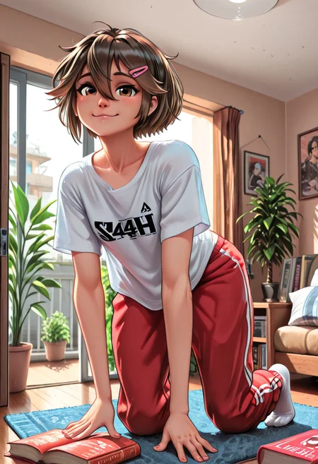 high quality, S4sh4,1girl,solo,short hair,brown hair,hairclip,hair between eyes,brown hair,bangs,, inquisitive, looking at viewer, cute, smile, eager, adorable, white shirt, track pants, white socks, indoors, home, apartment, books, house plant, feminine, sensual, modern, amateur