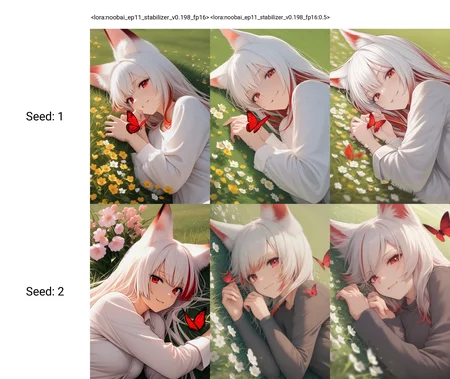 <lora:noobai_ep11_stabilizer_v0.198_fp16>1girl,fox ears,red hair,white hair,red eyes,multicolored hair,lying on grass field,upper body,on side,looking at viewer,shirt,long sleeves,smirk,red butterfly,depth of field,flower,masterpiece,