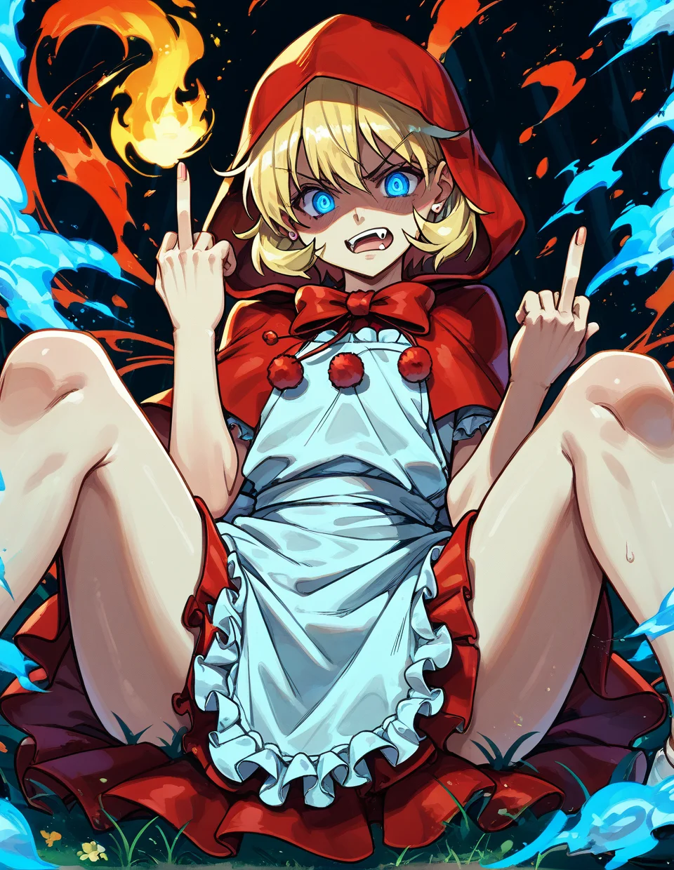1girl,solo,<lora:bulleta_pony:1>,bulleta,blonde hair,blue eyes,
little red riding hood (grimm) (cosplay),red dress,red hood,red capelet,apron,looking at viewer,fang,glowing eyes,shaded face,spread legs,middle finger,blush,angry,evil,, score_9,score_8_up,score_7_up,score_6_up,score_5_up,score_4_up,