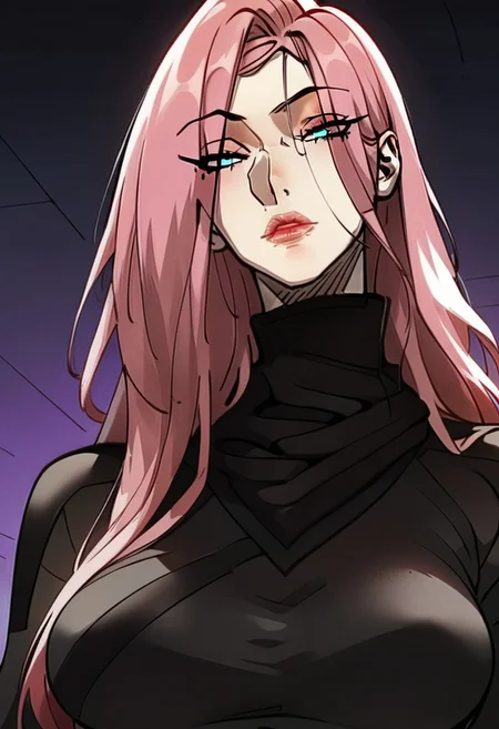 score_9, score_8_up, score_7_up, score_6_up, Expressiveh,
longshuyun, 1gir, pink hair, long hair, blue eyes, eyes visible through hair, makeup, lipstick, large breasts, black sweater, turtleneck, long legs, detailed face, full color, vibrant color, dynamic pose, dynamic angle, sitting, from below, head tilt, daylight