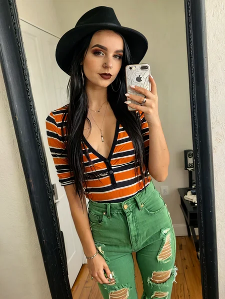 A pretty 18yo Goth girl.
BREAK
wearing a black leather hat
BREAK
wearing a torn mauve and orange striped shirt (plunging neckline:1.6)
BREAK
wearing torn green jeans
BREAK
with piercings in her ears
BREAK
taking a mirror selfie. Full body view.