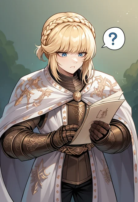 score_9, score_8_up, score_7_up, source_anime, NeedleKnightLeda, blue eyes, blonde hair, bangs, crown braid, plate armor, white cape, breastplate, Knight, gloves, gauntlets, shoulder armor, black pants, <lora:NeedleKnightLeda_XLPD-000009:1>, holding map, confused, spoken question mark, annoyed, 1girl, solo, looking down, paper, <lora:Pout_XLPD:1>, pout, :t, closed mouth,