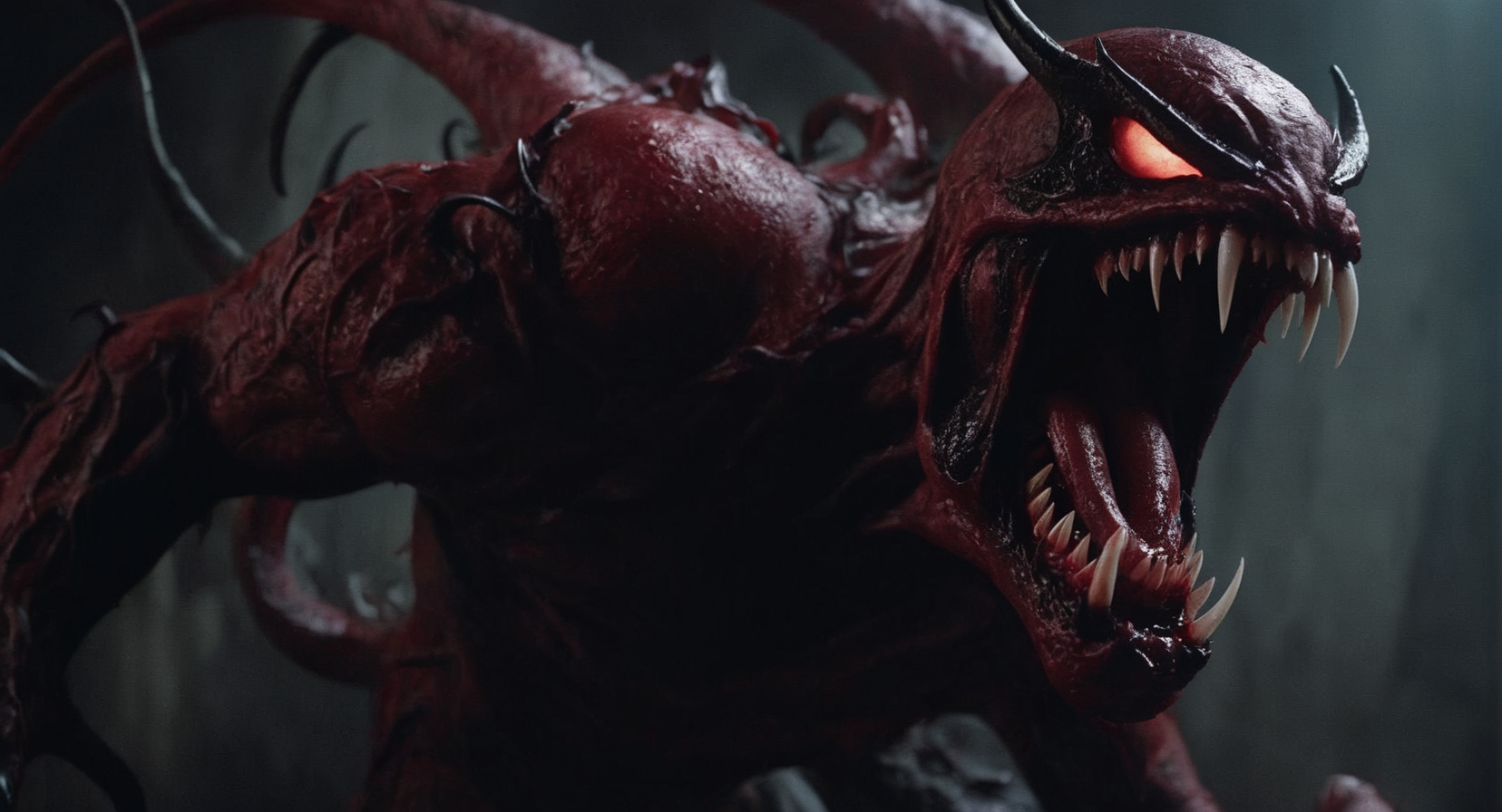 Dark Fantasy Art of <lora:Symbiote:1> Cinematic Film stock footage in (arri alexa style) Kodak film print,
a red demon carnage with a huge mouth and a huge mouth symbiote style, dark, moody, dark fantasy style