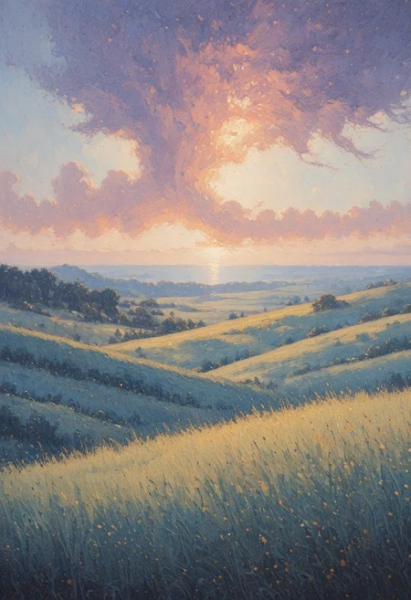 ArsMJStyle, Impressionism, Ethereal Brushstroke, impressionist oil painting, style of Camille Pissaro, thick brushstrokes, fluid brushstrokes, masterpiece, high_quality, best_quality, no people, landscape, coastal scene, tall grass, multicolored grass, wind-swept grass, windy sky, side sloping hill, steep hill, hint of ocean below, nature, natural beauty, golden_hour, soft light, windy, hazy, soft vibrancy, dynamic angle