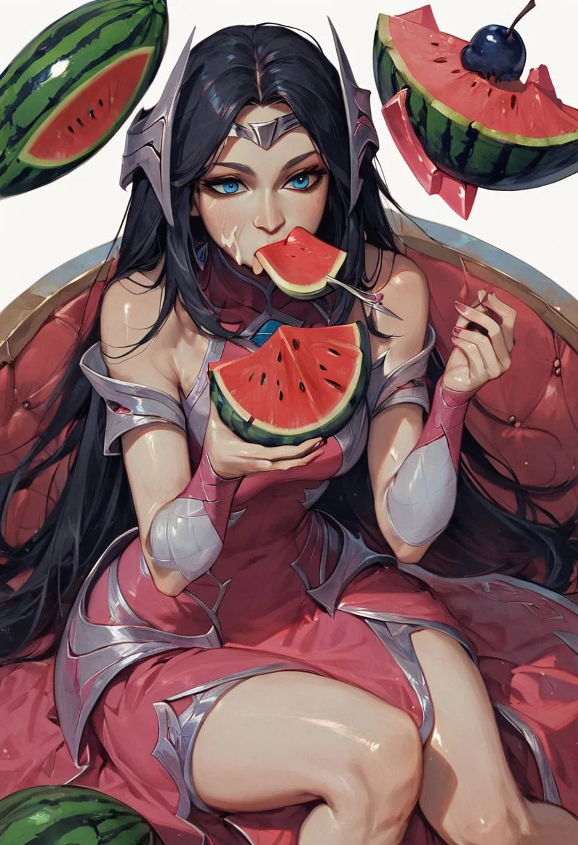 score_9, score_8_up, score_7_up, Irelia, pink nails, blue eyes, simple background, white background, black hair, gloves, indian style, fruit, bare shoulders, 1girl, pink gloves, holding food, eating, food on face, pink dress, solo, food, watermelon, dress, sitting, shiny, nail polish, red dress, long hair, shiny hair, holding