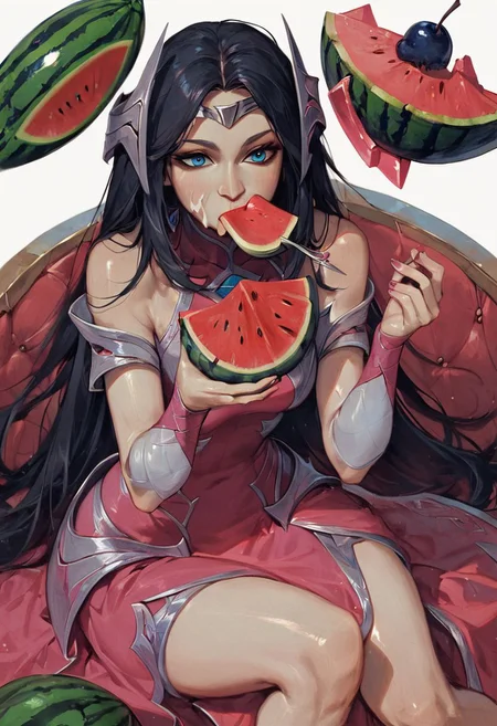 score_9, score_8_up, score_7_up, Irelia, pink nails, blue eyes, simple background, white background, black hair, gloves, indian style, fruit, bare shoulders, 1girl, pink gloves, holding food, eating, food on face, pink dress, solo, food, watermelon, dress, sitting, shiny, nail polish, red dress, long hair, shiny hair, holding