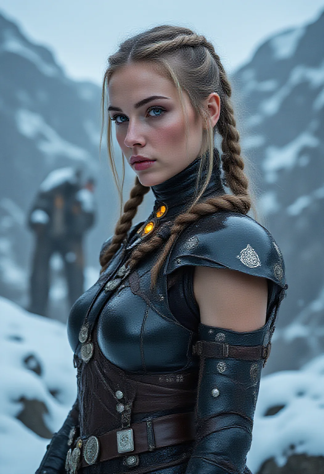 A captivating image emerges, focusing on a viking_punk warrior-princess, her presence commanding attention in the icy wasteland. Her futuristic viking armor based on traditional viking armor, a seamless fusion of technology and her athletic form, slim-athletic form highlights her strength and agility. The warrior's twin braids with shaved sides, frames her determined expression, while her piercing eyes bore into the viewer. Ancient runes are etched into her battleaxe and armor, crackling with mystical glowing energy.
The frozen landscape, a testament to her people's resilience, stretches into the distance, where dark, ominous clouds partially veil the rugged mountainous pass, filling the air with crispness and the promise of lightning.
This artwork, with its Nordic and Viking-inspired elements, captures the essence of a powerful futuristic figure, seamlessly blending ancient traditions with futuristic innovations. Beauty, chiaroscuro, play of shadow and light, realistic, mad-cbrpnk-dtlr,