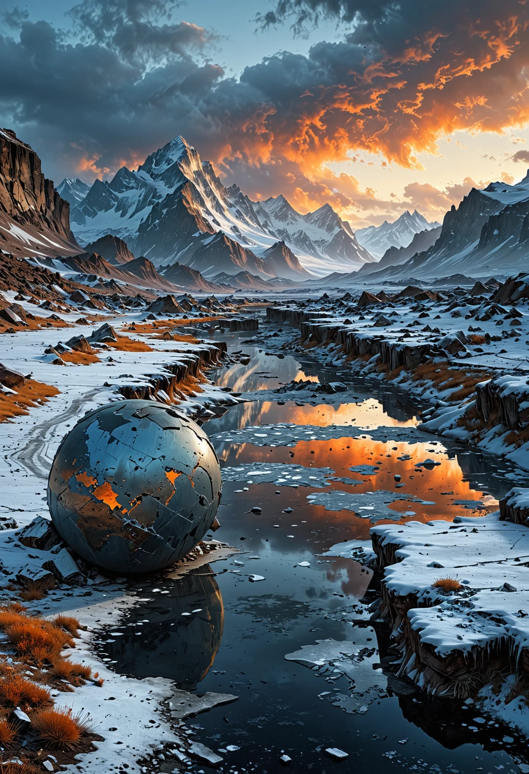 A hauntingly serene, digitally painted illustration of a post-apocalyptic, ice-encrusted planet Earth, devoid of any signs of life, with a thick layer of frost and snow covering the once-lush landscapes, and eerie, dark grey clouds shrouding the horizon, casting an ominous, orange-tinged glow on the desolate, barren terrain, with the faint, foggy outlines of frozen mountains and glaciers in the distance, and the remnants of crumbling, snow-covered cityscapes in the foreground, with jagged, icy peaks and frosty, abandoned streets, roads, and buildings, all bathed in a cold, melancholic, blue-grey light, evoking a sense of loneliness and abandonment, as if the planet has been frozen in time.
<lora:EpicF4nta5yXL:0.8>
<lora:add-detail-xl:1>
<lora:WildcardX-XL-Detail-Enhancer:1>
<lora:MJ52:0.375>
<lora:CinematicStyle_v1:0.42>