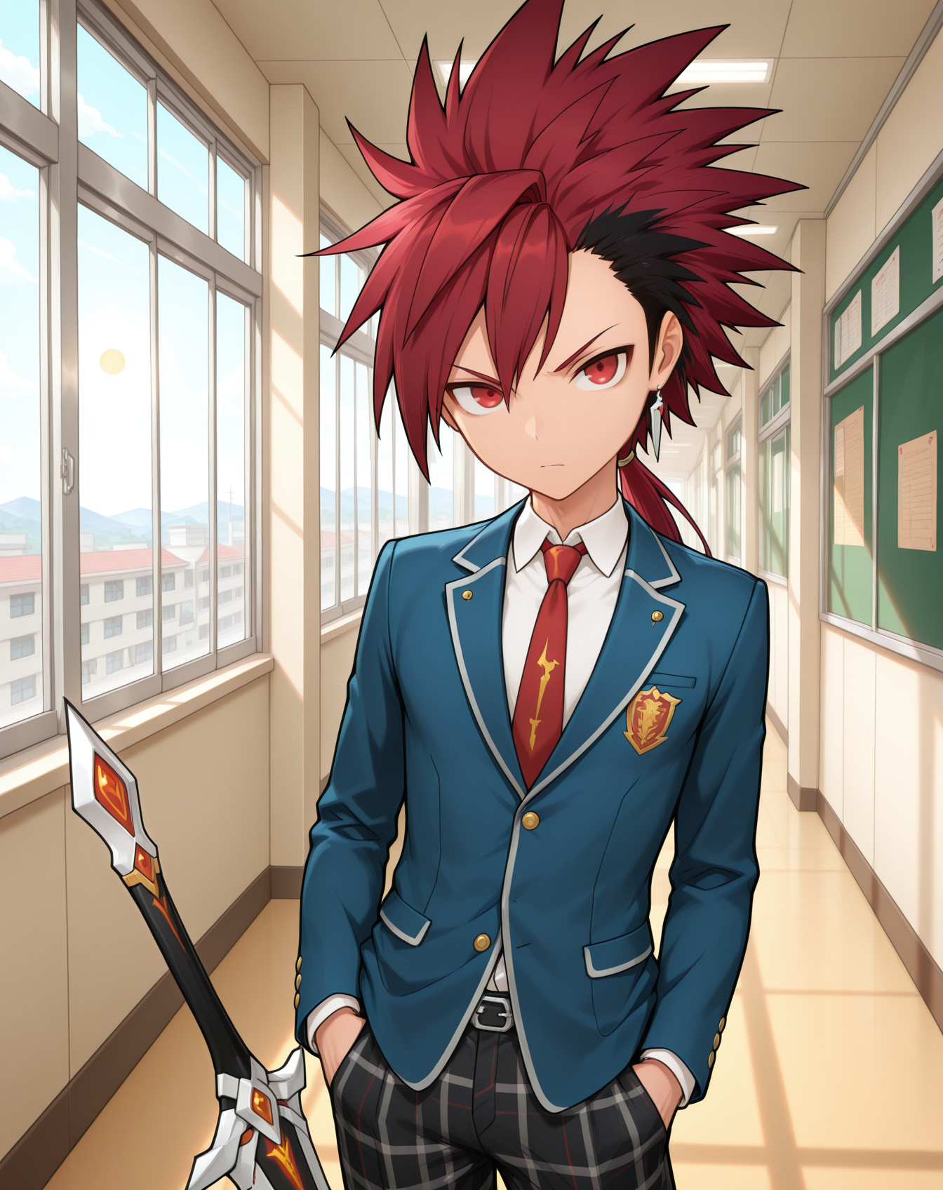 masterpiece,best quality,amazing quality, newest, very aesthetic, absurdres,
1boy, solo, yaoi, male focus, looking at viewer, cowboy shot,
<lora:Elsword_Infinity_Sword_ilxl:1>  elswordis, red hair, red eyes, sword, spiked hair, two-tone hair, ponytail, long hair, black hair, multicolored hair,
school uniform, white shirt, collared shirt, blue jacket, red necktie, black pants, plaid pants,
indoors, school, hallway, window, day, sun,