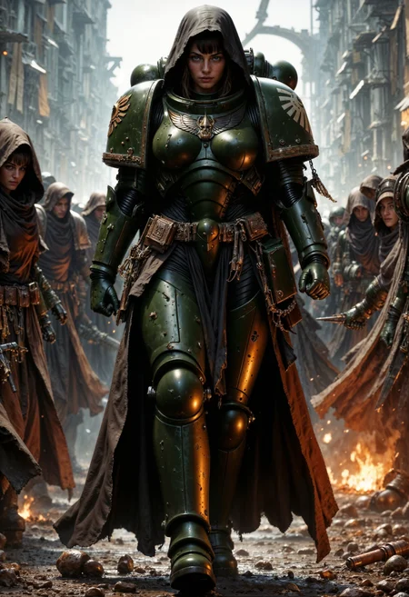 ultra realistic woman wearing DarkA40k armor walking in a battlefield <lora:FluxDarkA40k:0.9> <lora:FluxMythP0rtr4itStyle:0.8>