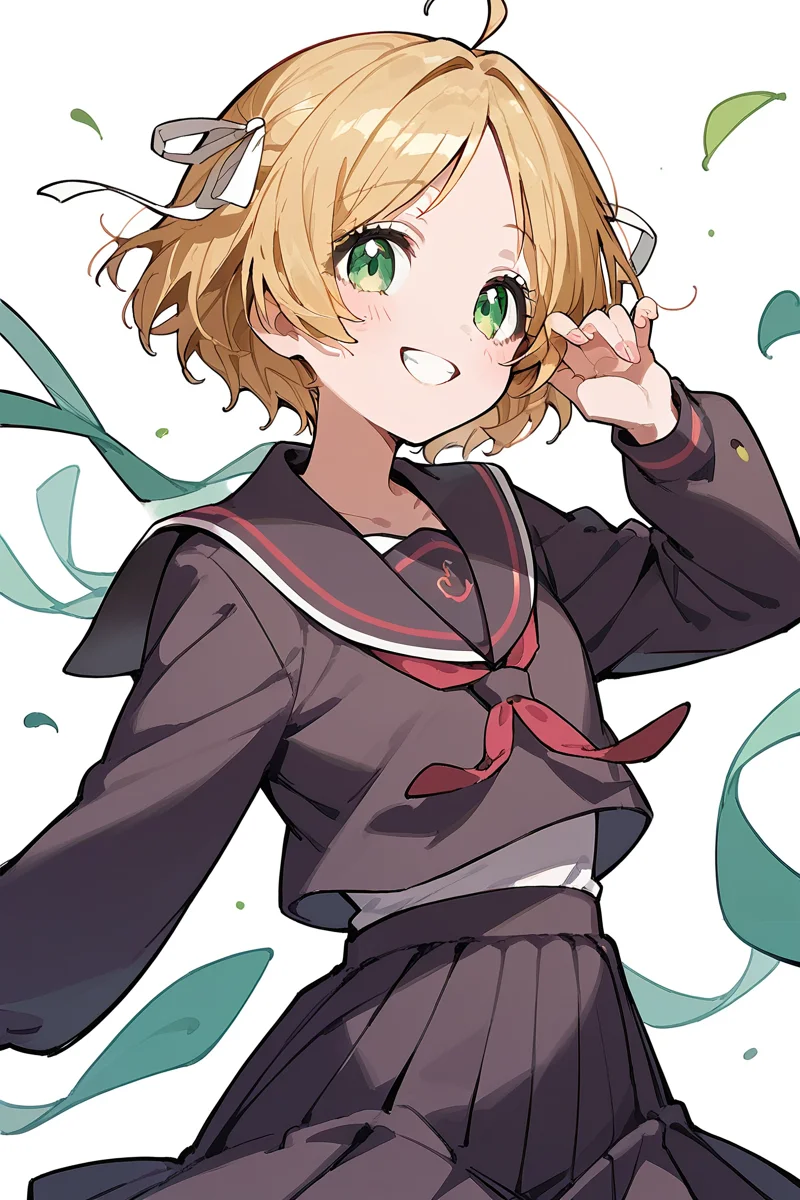 score_9, score_8_up, score_7_up, score_6_up, 1girl,
<lora:Takeshita_Miiko:0.9> miiko, green eyes, blonde hair, short hair, ribbon, hair ribbon, ahoge, smile, long sleeves, dark school uniform,