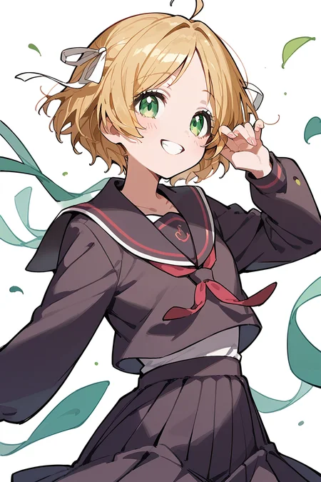 score_9, score_8_up, score_7_up, score_6_up, 1girl,
 <lora:Takeshita_Miiko:0.9> miiko, green eyes, blonde hair, short hair, ribbon, hair ribbon, ahoge, smile, long sleeves, dark school uniform,