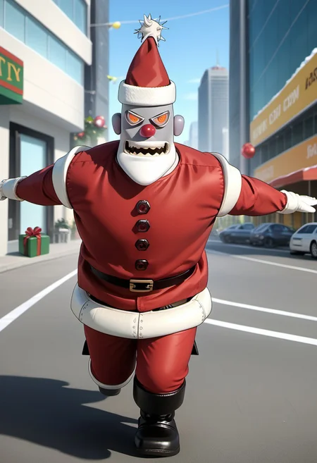 score_9, score_8, score_7, source_furry, source_anime, detailed face, detailed eyes, incredible detail, full body BREAK 1boy, solo, r0b0t_s4nta_c1aus, holidays, headgear, christmas, male, machine, hat, headwear, clothing, red nose, gift, hi res, santa hat, santa costume,, red headwear, running, arms behind back, arms straight, arms, outstretched arms, muscular male, intense, dynamic pose, meme, outdoors, futuristic, city, street