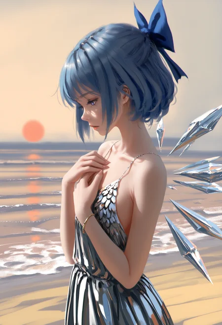 <lora:SDXL\Illustrious\noobai_ep11_stabilizer_v0.58_fp16.safetensors:0.8:1.0> <lora:SDXL\Illustrious\test\wlop.safetensors:1.0:1.0>wlop,1girl,cirno,alternate_costume, summer dress, sea background, beach, sunset,frilled_bow, metal dress, reflections,jewlery, earing, bracelet, gold,own hand on chest, BREAK (chromatic aberration:1.2),very awa,masterpiece, best quality, amazing quality, very aesthetic, absurdres,