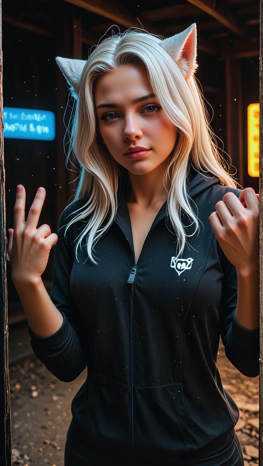 best masterpiece, best details, brilliant sharpness, best quality, HDR, best 8K results, 8K, perfect eyes, perfect face, detailed background, realistic, photorealistic, cerberus \(helltaker\), white hair, animal ears, red eyes, fang, petite, cyberpunk, high, visor, holographic clothing, hood down, black jacket, solo, from side, looking at viewer, middle finger, assertive female, nsfw, aidmaImageUpgrader, addmicrodetails, aidmafluxpro1.1, film grain, raw, amateur, grainy, lowres,2000s nostalgia, zPDXL3, (embedding:zPDXL3. safetensors:1.0)