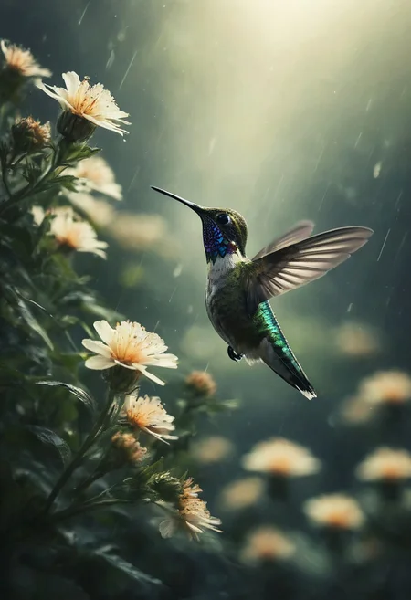 ( a hummingbird on a flower , glowing iridescent feather ) , perfect composition , perfect eyes , shadows, glow, realistic, god ray , river stream , rain forest , peaceful , overcast <lora:- SDXL - vanta-black_contrast_V3.0:0.8>, detailed 
many details, clear focus , extreme detailed, full of details, aesthetic and beauty, astounding details, high depth of field, f/4, framing, breakthrough, collodion process, soft particles, ageless atmosphere, (grey and green colors:0.1),dark, chiaroscuro, low-key,  <lora:TWbabeXL01:0.4> 
Wide range of colors., Dramatic,Dynamic,Cinematic,Sharp details
Insane quality. Insane resolution. Insane details. Masterpiece. 32k resolution.
<lora:add-detail-xl:0.95> <lora:dvr-lnds-sdxl:0.3> dvr-lnds-sdxl <lora:MJ52:0.25> <lora:ral-apoctvisn-sdxl:0.3> ral-apoctvisn <lora:zavy-cntrst-sdxl:0.35> dark, chiaroscuro, low-key <lora:zavy-rmlght-sdxl:0.41> zavy-rmlght <lora:SDXLFaeTastic2400:0.225>