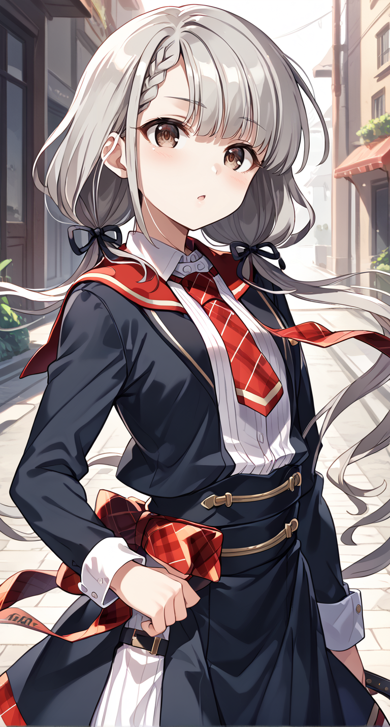 score_9,score_8_up,score_7_up,
official art,official style,game cg,megami magazine,
uncensored,
1girl,
hskwng blackdress,hisakawa nagi,
asymmetrical bangs,belt,belt buckle,black belt,black dress,black ribbon,
blush,braid,buckle,
collared shirt,dress,
eyelashes,brown eyes,grey hair,
hair ribbon,long hair,long sleeves,low twintails,
necktie,parted lips,plaid necktie,red necktie,
red sailor collar,ribbon,sailor collar,shirt,
standing,
<lora:idolmaster_hisakawa_nagi_pony_v1:1>,