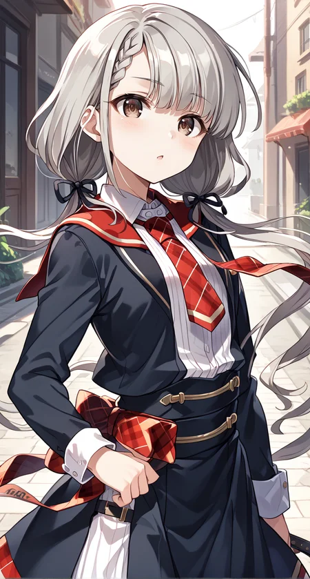 score_9,score_8_up,score_7_up,
official art,official style,game cg,megami magazine,
uncensored,
1girl,
hskwng blackdress,hisakawa nagi,
asymmetrical bangs,belt,belt buckle,black belt,black dress,black ribbon,
blush,braid,buckle,
collared shirt,dress,
eyelashes,brown eyes,grey hair,
hair ribbon,long hair,long sleeves,low twintails,
necktie,parted lips,plaid necktie,red necktie,
red sailor collar,ribbon,sailor collar,shirt,
standing,
<lora:idolmaster_hisakawa_nagi_pony_v1:1>,