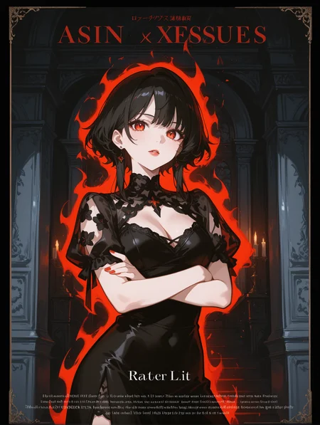 1girl,solo,In Gothic style, she wears a black lace dress that exudes a mysterious and elegant aura, Her skin is pale, and her deep red lips contrast sharply with her dark eye makeup, Her hair is deep purple, slightly tousled, giving off a rebellious vibe, She stands next to a dimly lit cemetery, her arms crossed over her chest, her gaze cold and deep, as if staring into the endless darkness,, her silhouette against the light, her black dress and figure fading into the twilight, creating an alluring sense of mystery through the interplay of light and shadow,
BREAK
(title:1.1),(movie poster:1.2),(border:1.3),(English text:1.4),contrapposto,fashion,
masterpiece,best quality,newest,absurdres,highres,
BREAK
<lora:ponyv4_noob1_2_adamW:0.7>,<lora:USNR STYLE_XL_loha:1>,usnr,<lora:MeMaXL4:0.4>,,