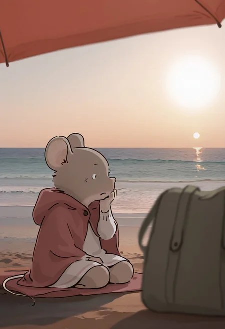 masterpiece, newest,absurdres,incredibly absurdres, best quality, amazing quality, very aesthetic, 
, depth of field, blurry foreground, bokeh,Beach , palmeras, solo,Celestineeac,mouse girl, non human, furry,1girl, solo, anthro, furry, female, furry female,animal nose, mouse ears,tail,bag,round eyes, black eyes,dot eyes,white dress under cloak,red hooded cloak, hood down,
,sitting, hand on  cheek ,
re4lity_sync_illu
