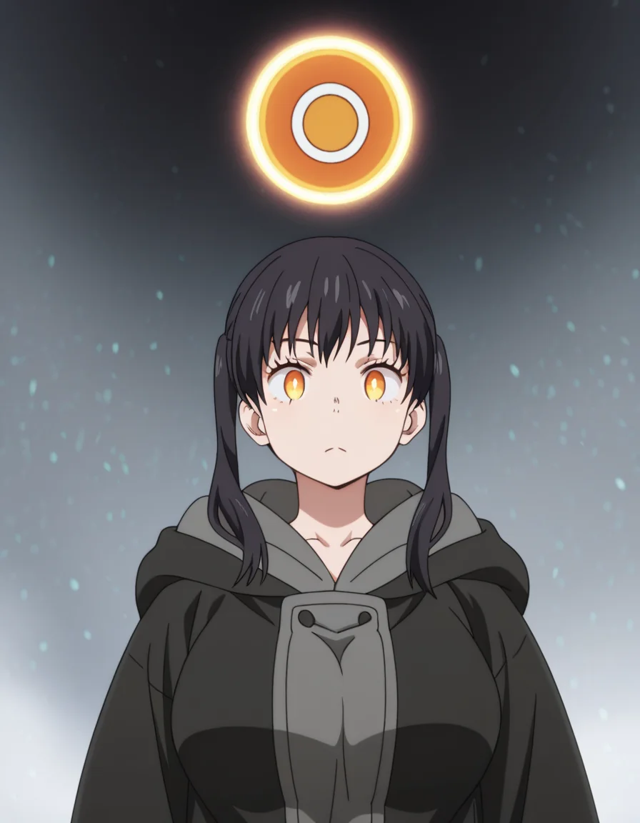 masterpiece, best quality, amazing quality,, <lora:tamaki-kotatsu-s1s2-illustriousxl-lora-nochekaiser:1>, tamaki kotatsu, long hair, bangs, black hair, twintails, yellow eyes, orange eyes, mature female, breasts, anime screencap, <lora:circle-button-illustriousxl-lora-nochekaiser:1>, circle button, gameplay mechanics, floating object, glowing,,