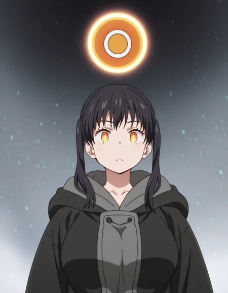masterpiece, best quality, amazing quality,, <lora:tamaki-kotatsu-s1s2-illustriousxl-lora-nochekaiser:1>, tamaki kotatsu, long hair, bangs, black hair, twintails, yellow eyes, orange eyes, mature female, breasts, anime screencap, <lora:circle-button-illustriousxl-lora-nochekaiser:1>, circle button, gameplay mechanics, floating object, glowing,,