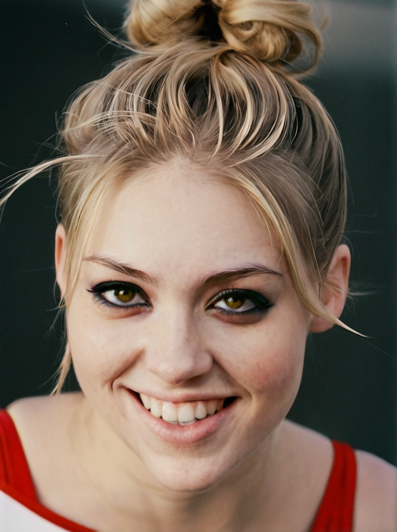 analog photograph of 1girl looking like Kristen_Sims_P_MXAI_SDXL close up shot, joyful expression  filmgrain