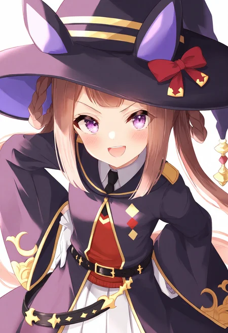 <lora:flash1_noob1.1-000072:1>,
1girl, solo, sweep tosho \(umamusume\), hat, witch hat, hair rings, animal ears, horse ears, gloves, purple eyes, brown hair, horse girl, white background, twintails, long hair, simple background, looking at viewer, blush, white gloves, belt, open mouth, smile, hand on own hip, long sleeves, wide sleeves, black headwear, robe,
masterpiece,best quality,newest,absurdres,highres,very awa,