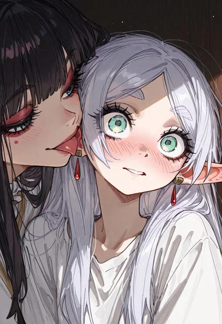 masterpiece, best quality, very aesthetic, absurdres, ambient light, soft light, SagawaStyle, Rapscallionstyle, ma1ma1helmes_b_illu,sketch,
2girls, upper body, close up, girl 1 licking the ear of girl 2, detailed eyes, 
girl 1: Fern, makeup, lustful smile, 
girl 2: Frieren, long taintails, white shirt, elf ears, shocked, surprised, red face, heavily blush, panic, embarrassed, looking at girl 1,
high detail, soft shadows
