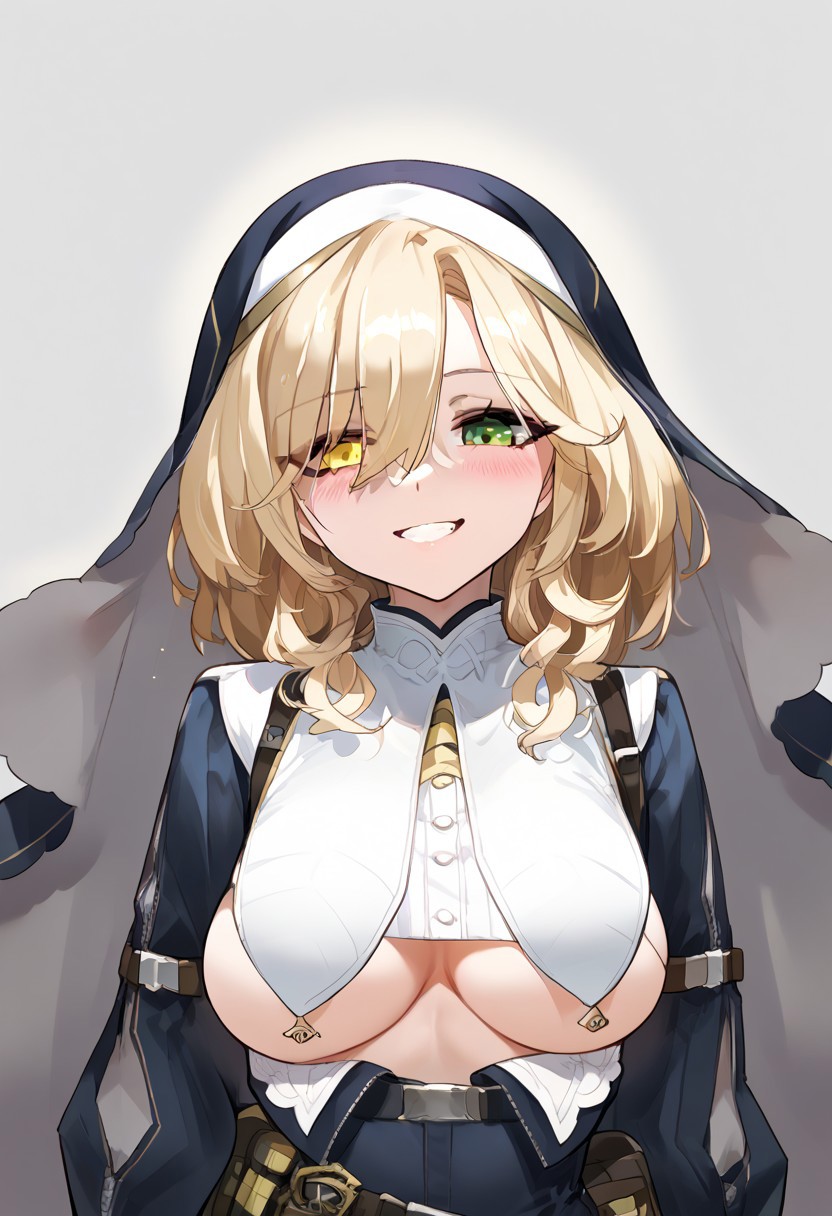 zPDXL3, score_9_up, score_8_up, score_7_up, (Anime_source), 1girl, AbigailAgnes, heterochromia, green eye, yellow eye, Abigail clothes, nun, white thighhighs, looking at viewer, smile, little blush, upper body,